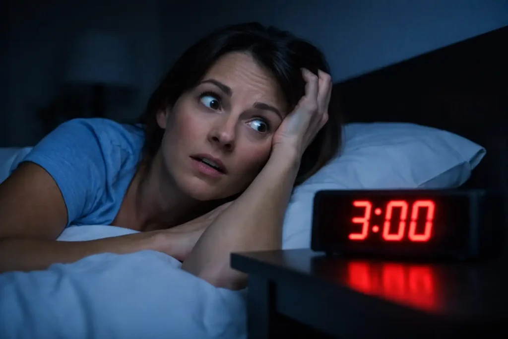 Prečo sa budím o tretej ráno – žena zobudená v noci pri digitálnych hodinách ukazujúcich 3:00