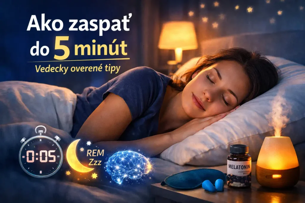 Ako rýchlo zaspať do 5 minút – žena pokojne spiaca v tmavej spálni s ilustráciou techník spánku