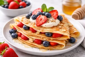 zdravé fitness palacinky tenké crepes s ovocím a jogurtom