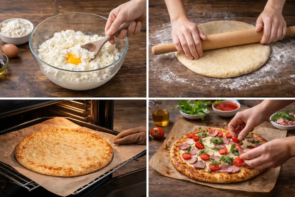 postup prípravy fitness pizze z tvarohu krok za krokom – miešanie cesta, vaľkanie, predpečenie a pridanie toppingov