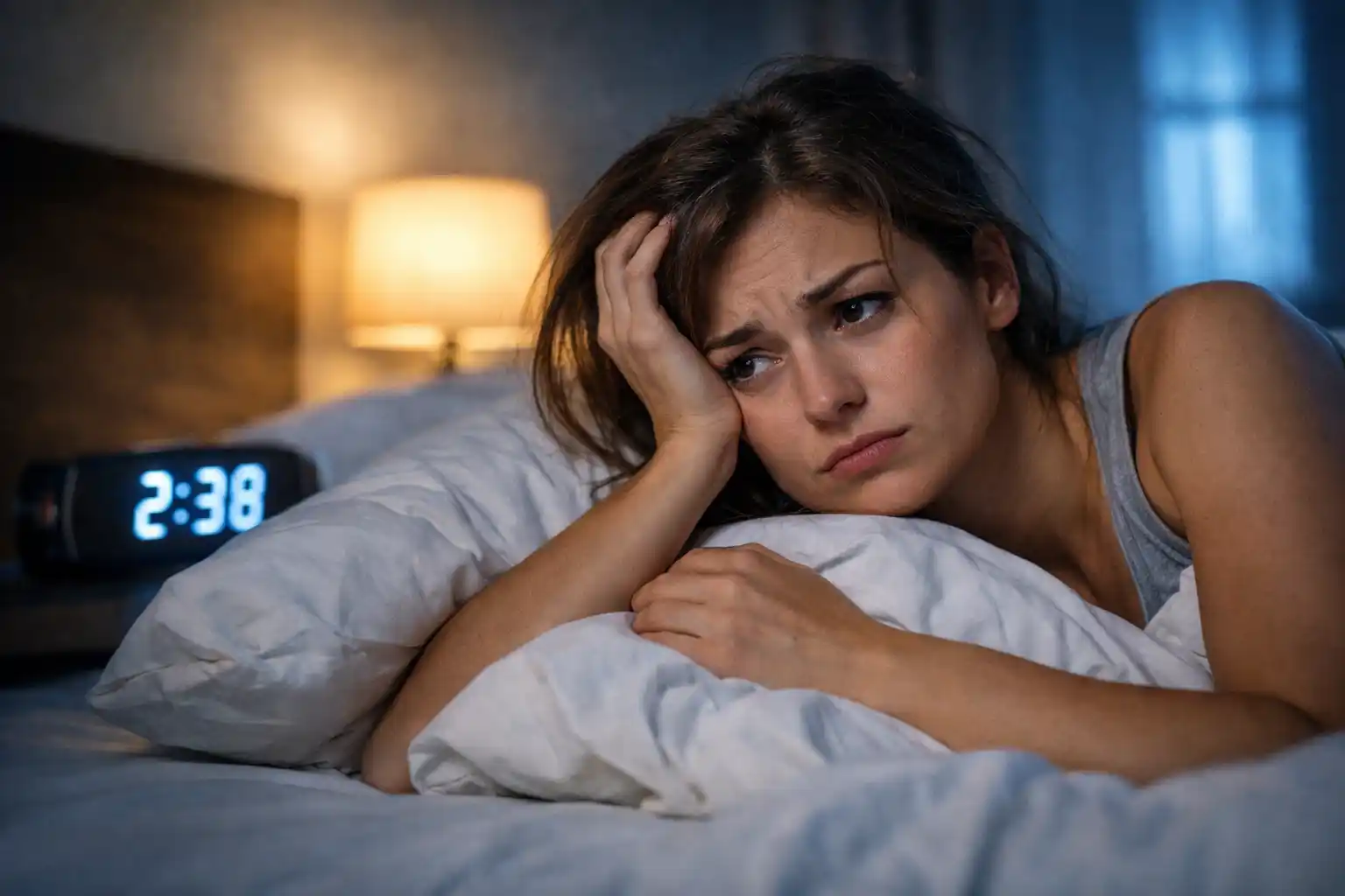 Žena v posteli trpiaca nespavosťou – problém so spánkom a magnézium na spanie