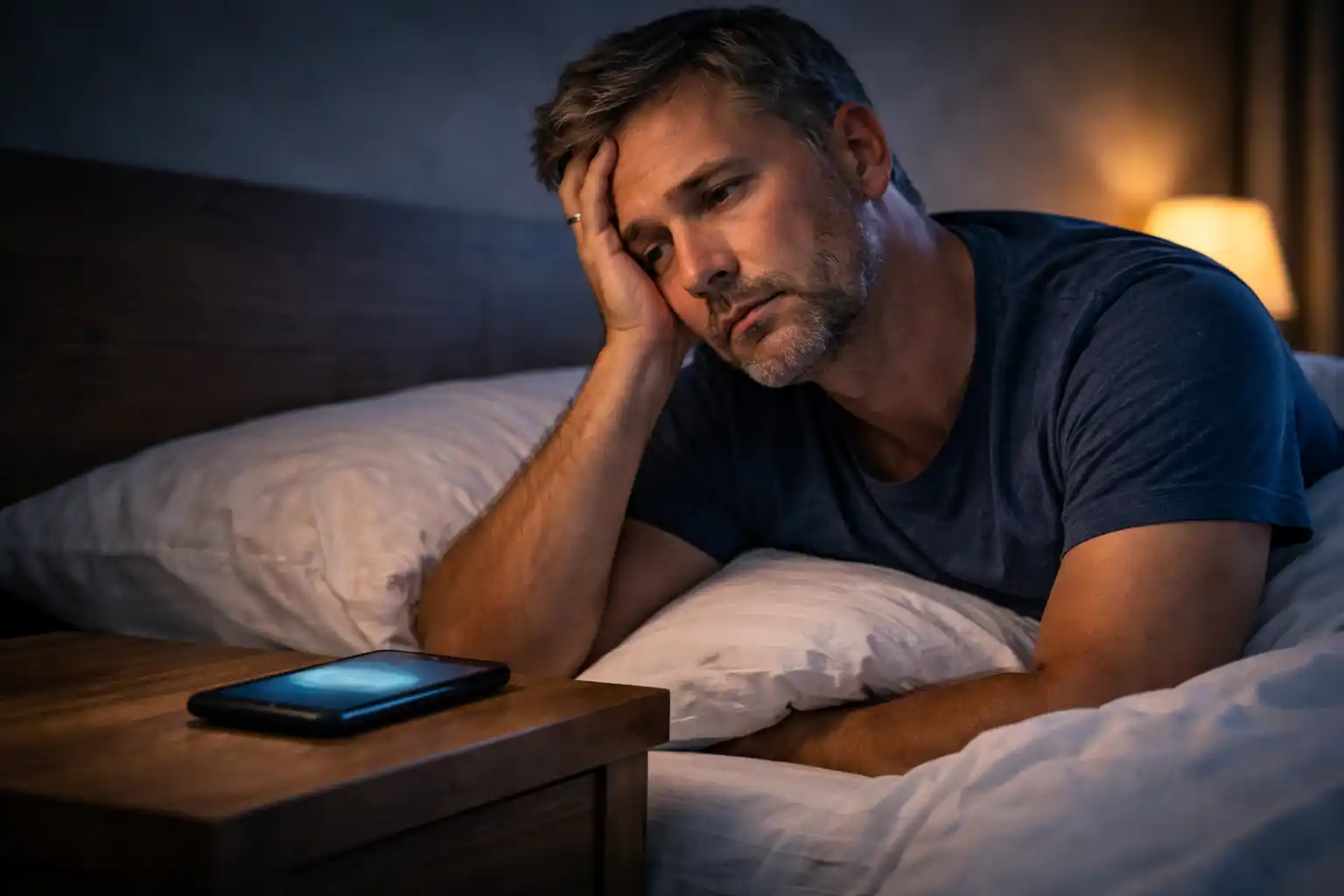 Muž v strednom veku leží v posteli v noci a nemôže zaspať, pozerá na mobil vedľa postele, odpovede na prečo neviem zaspať,