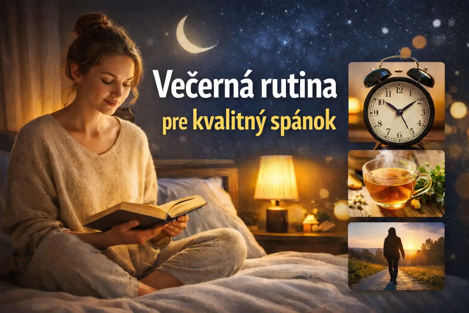 večerná rutina pre kvalitný spánok – žena číta knihu v posteli pri tlmenom svetle