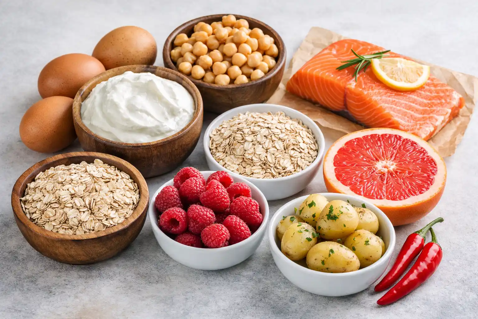 9 potravín, ktoré spaľujú tuk, Vajcia, skyr, cícer, ovsené vločky, maliny, losos, grapefruit, chilli a zemiaky ako potraviny podporujúce spaľovanie tuku, chudnutie, spaľovanie tuku, zdravé potraviny, fitness strava, skyr, vajcia, losos, ovsené vločky, grapefruit