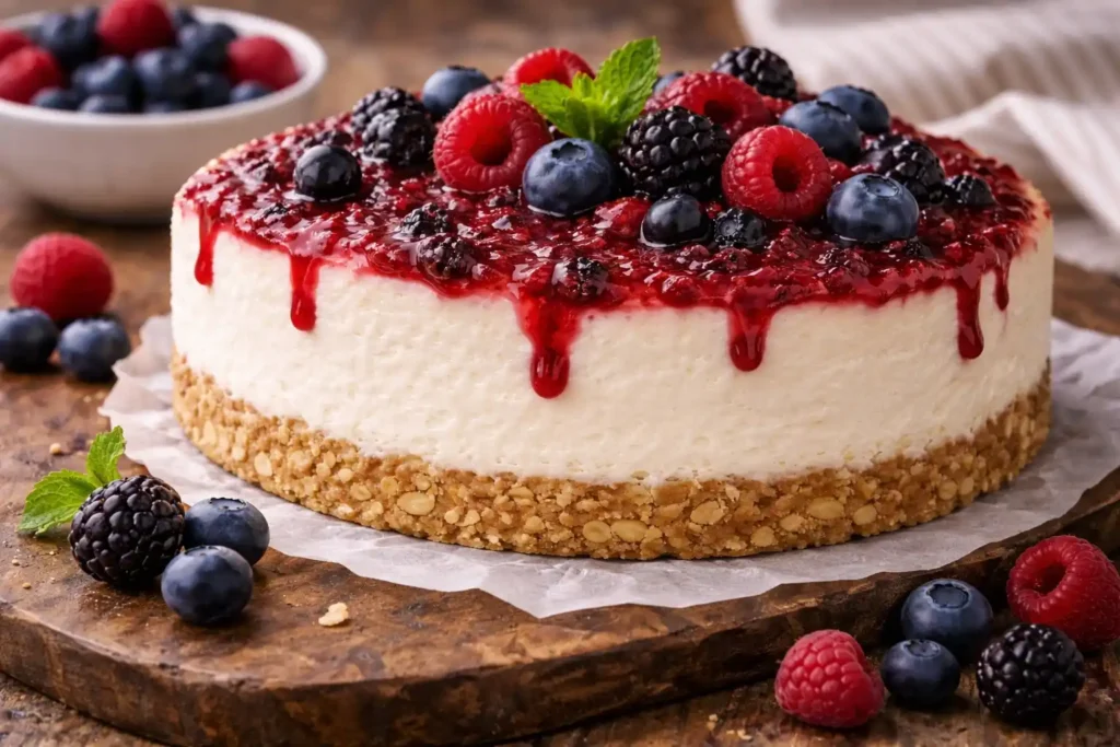 Fitness cheesecake z tvarohu s lesným ovocím a vysokým obsahom bielkovín, fit cheesecake, proteínový cheesecake, zdravý cheesecake, cheesecake z tvarohu, fitness dezert