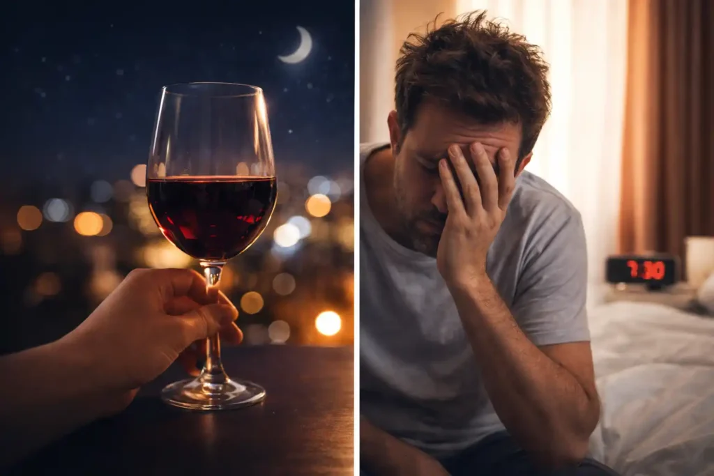 Pohár vína večer vs unavený muž ráno – vplyv alkoholu na kvalitu spánku, alkohol a kvalita spánku, ako alkohol ovplyvňuje spánok, alkohol a spánok, kvalita spánku, REM spánok, alkohol únava ráno, pohár vína večer, alkohol regenerácia, prečo som unavený po alkohole