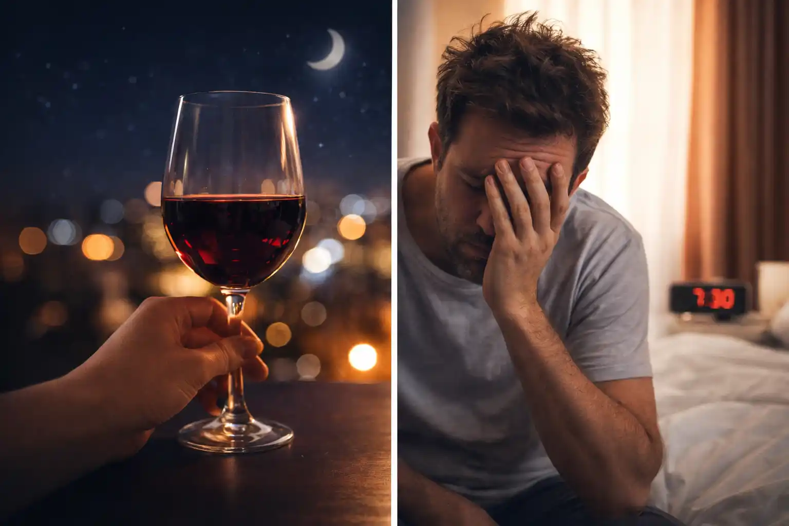 Pohár vína večer vs unavený muž ráno – vplyv alkoholu na kvalitu spánku, alkohol a kvalita spánku, ako alkohol ovplyvňuje spánok, alkohol a spánok, kvalita spánku, REM spánok, alkohol únava ráno, pohár vína večer, alkohol regenerácia, prečo som unavený po alkohole