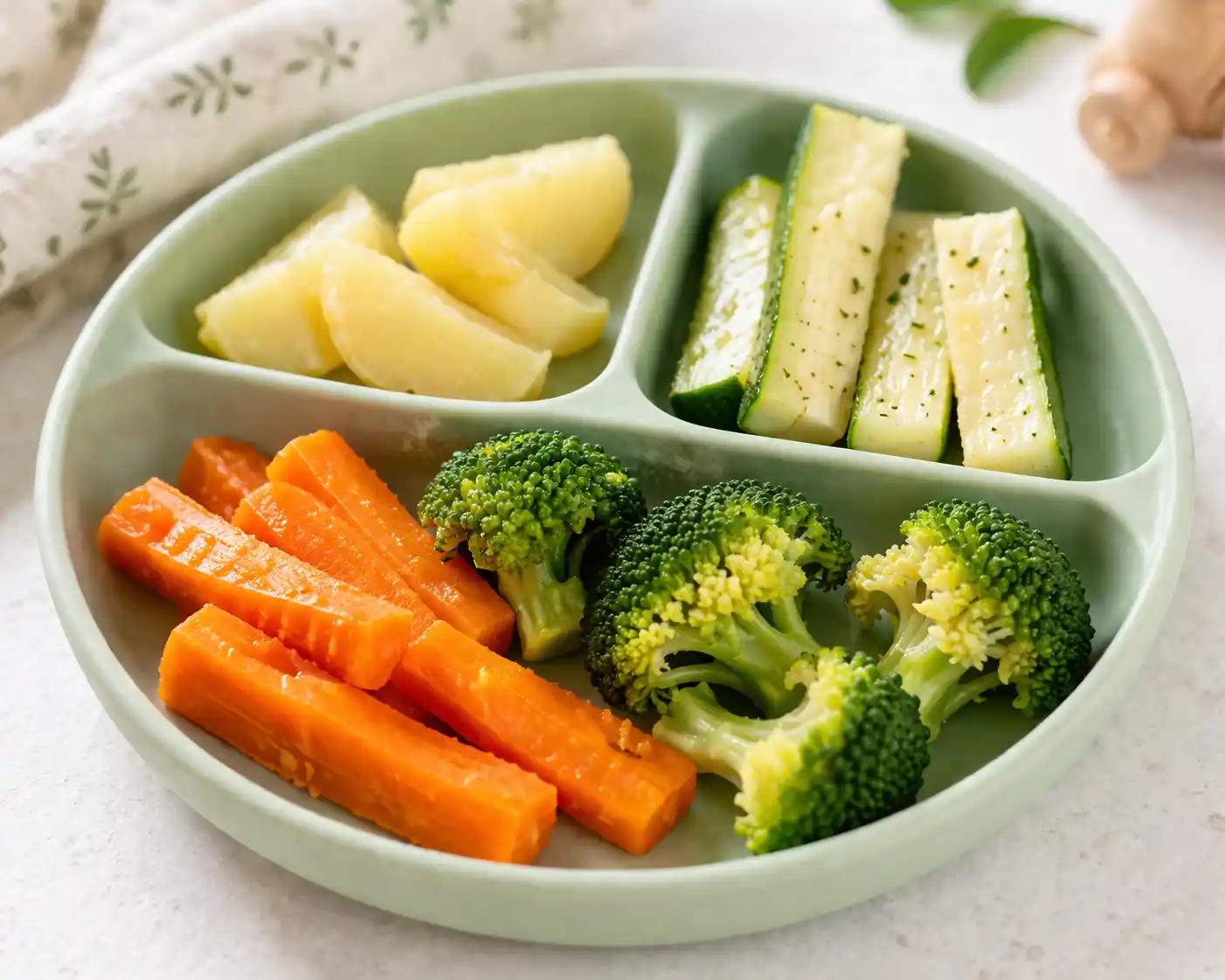 BLW tanierik s mäkkými kúskami zeleniny pre bábätko – mrkva, brokolica, zemiak a cuketa