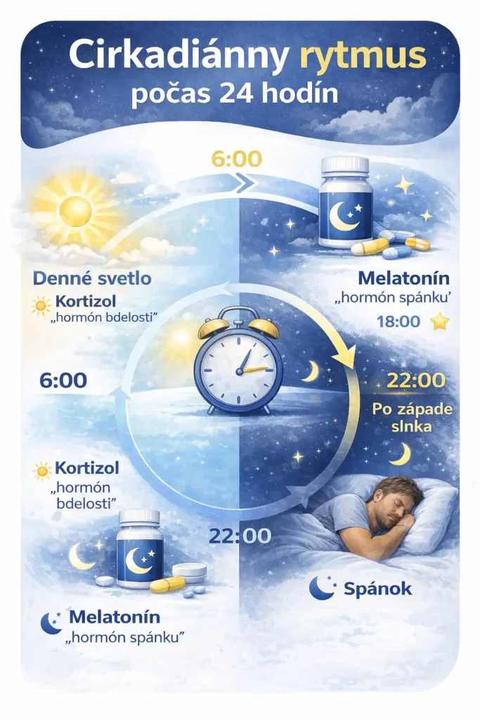 Schéma cirkadiánneho rytmu počas 24 hodín zobrazujúca denné svetlo, kortizol, melatonín a spánok