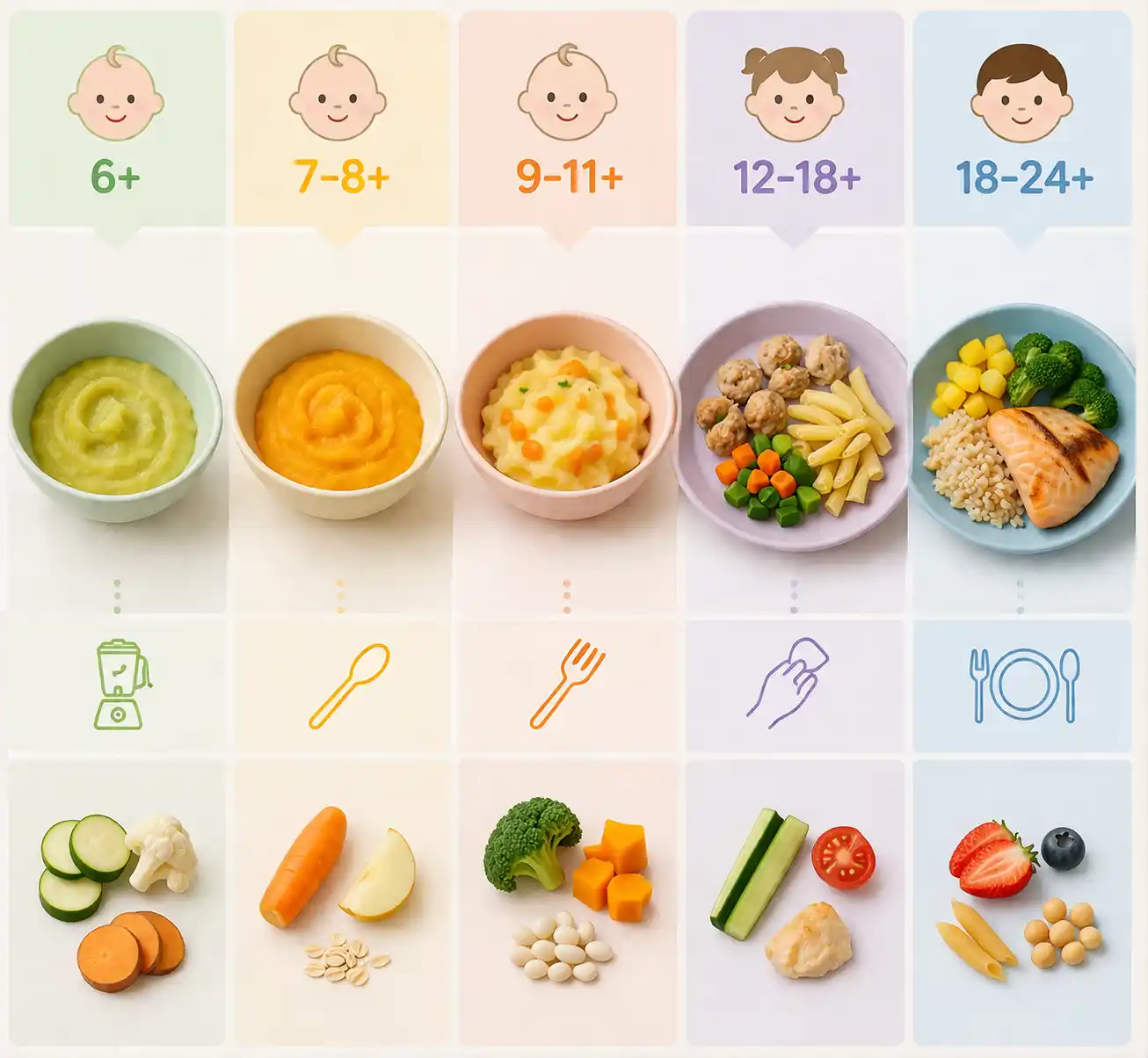 Infografika čo variť podľa veku – porovnanie jedál pre bábätká a malé deti podľa vekových kategórií
