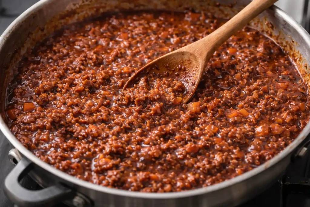 bolognská omáčka po 90 minútach varenia hustá lesklá textúra v panvici, bolognská omáčka, bolognská omáčka recept, hustá omáčka bolognese, ragú alla bolognese, domáca bolognská omáčka, mäsová omáčka recept, talianska kuchyňa recept, ako zahustiť bolognskú omáčku