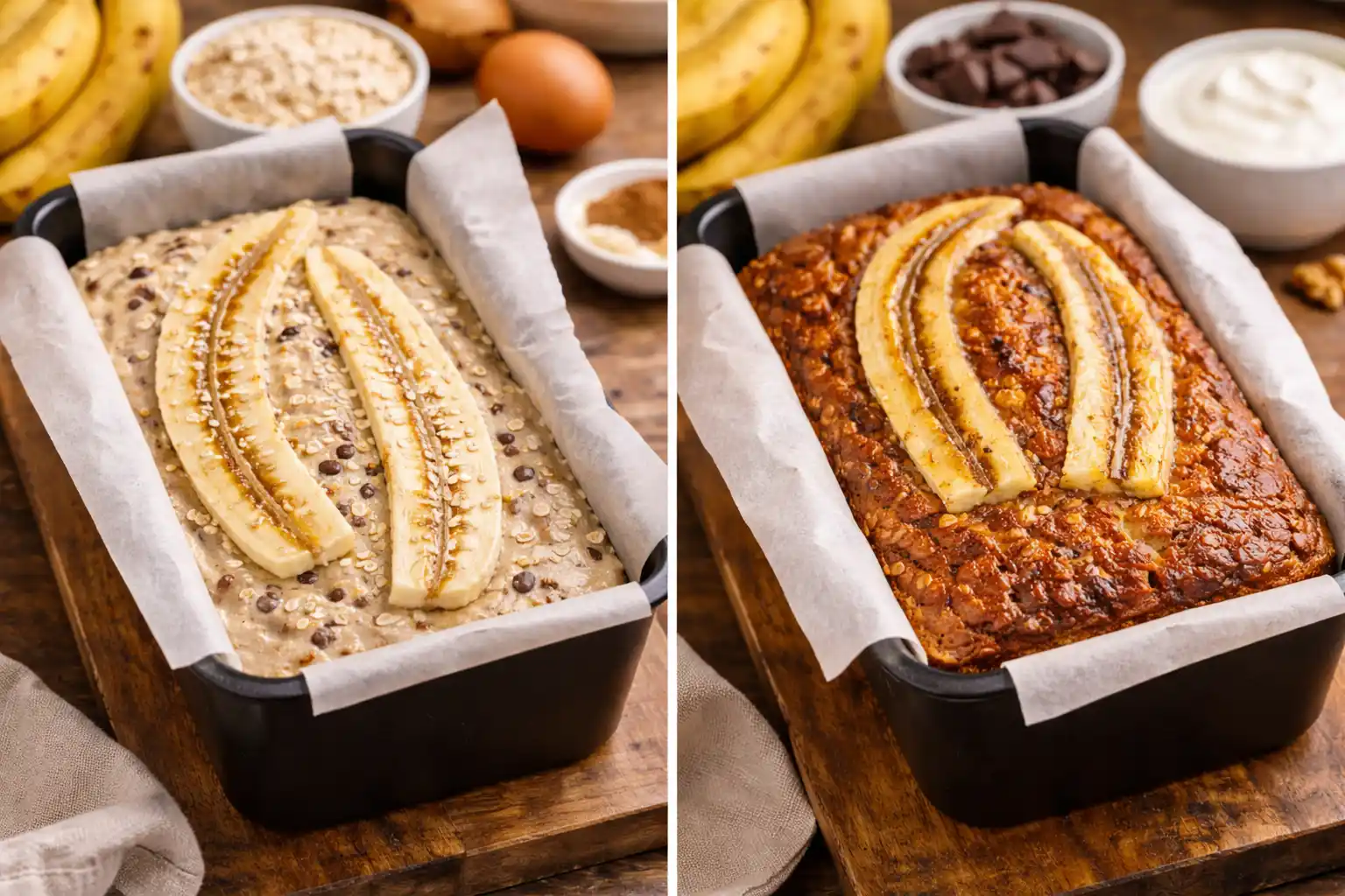 fitness banánový chlieb pred a po upečení 