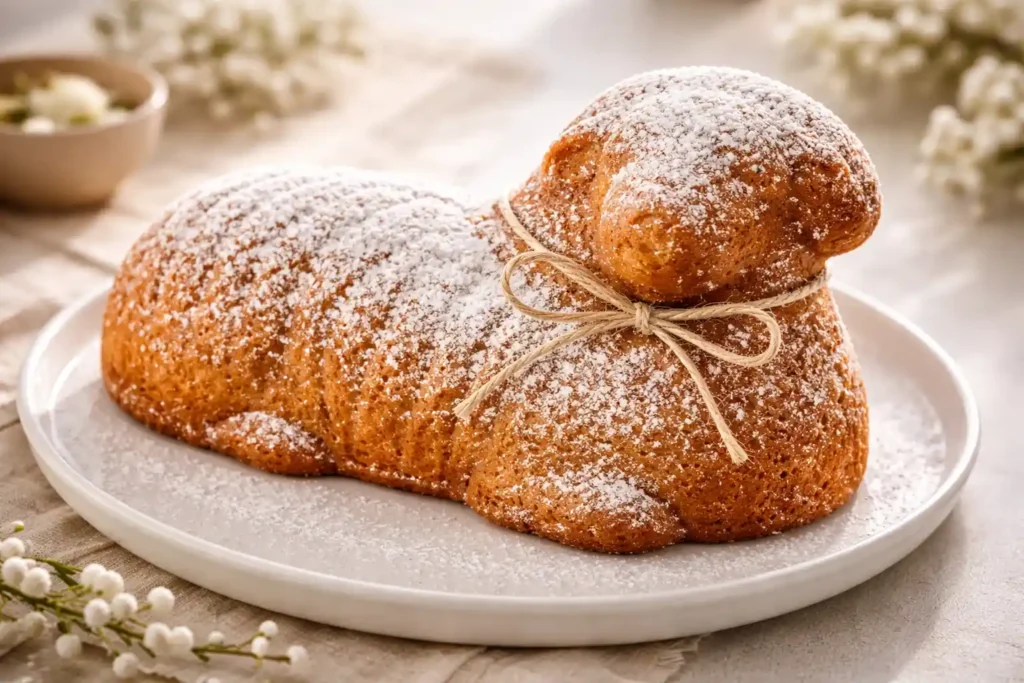 Fit veľkonočný baranček bez cukru na tanieri, vláčny zdravý koláč s jemnou veľkonočnou dekoráciou, fit veľkonočný baranček, zdravý veľkonočný koláč, veľkonočný baranček recept, fit dezerty, zdravé pečenie, baranček bez cukru, fitness recepty,