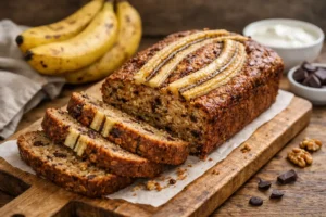 Vláčny fitness banánový chlieb nakrájaný na drevenej doske s prezretými banánmi v pozadí, fitness banánový chlieb, zdravý banánový chlieb, banánový chlieb z ovsa, vláčny banánový chlieb, fitness recept