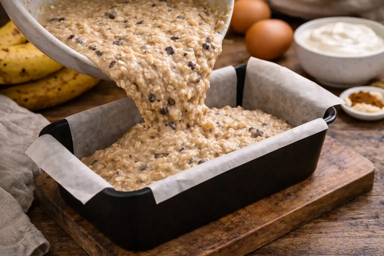 Cesto na fitness banánový chlieb sa nalieva do formy vystlanej papierom na pečenie