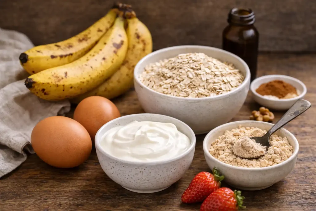 Prezreté banány, ovsené vločky, vajcia, grécky jogurt, proteín a škorica pripravené na fitness banánový chlieb