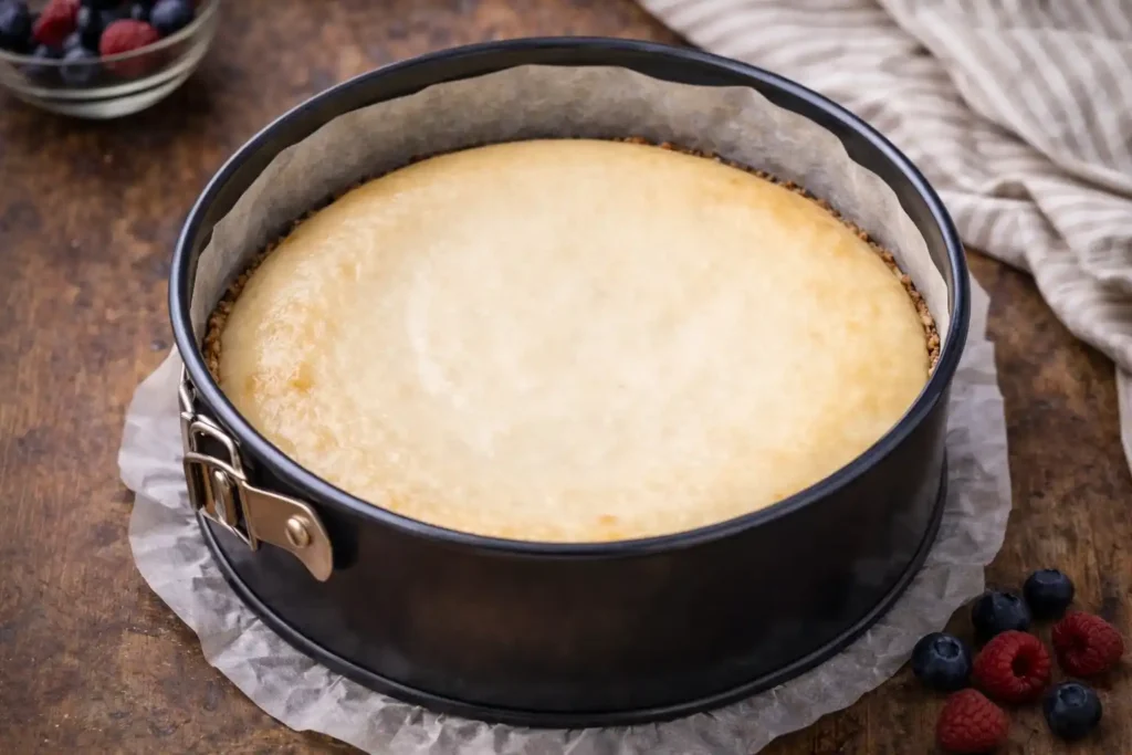 Jemne trasľavý fitness cheesecake vo forme tesne po dopečení