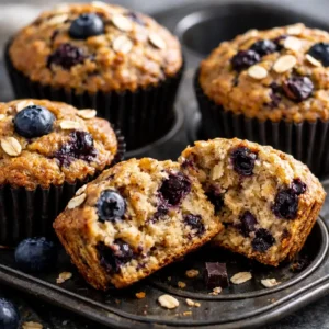 Detail fitness muffinu rozlomeného napoly, s viditeľnými čučoriedkami a kúskami čokolády.