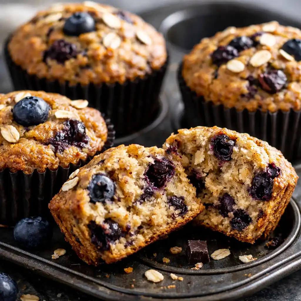 Detail fitness muffinu rozlomeného napoly, s viditeľnými čučoriedkami a kúskami čokolády.
