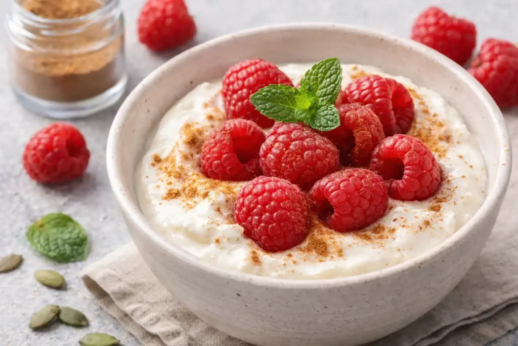 Grécky jogurt s malinami a škoricou ako zdravý snack do 150 kcal