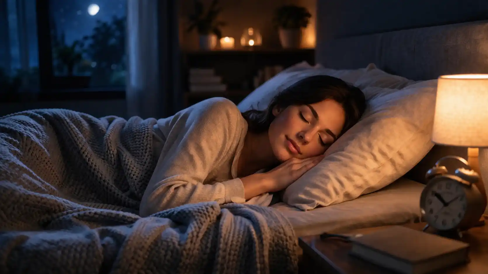 Žena pokojne spí v tmavej miestnosti počas noci – ideálny spánok a regenerácia tela, koľko hodín spánku potrebujeme