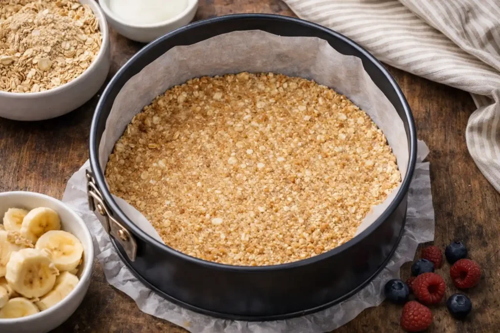 Korpus na fitness cheesecake z ovsených vločiek a orechov natlačený do tortovej formy