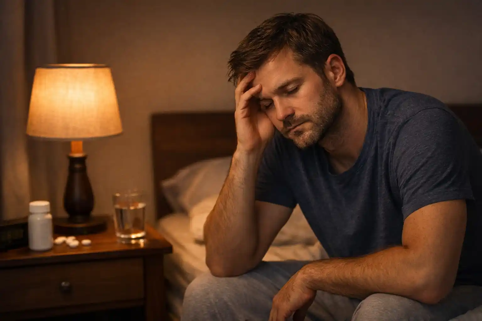 Unavený muž sedí večer na posteli pri lampe a premýšľa nad problémami so zaspávaním, melatonín na spánok, problémy so zaspávaním, nespavosť, hormón spánku, večerný nepokoj, cirkadiánny rytmus,
