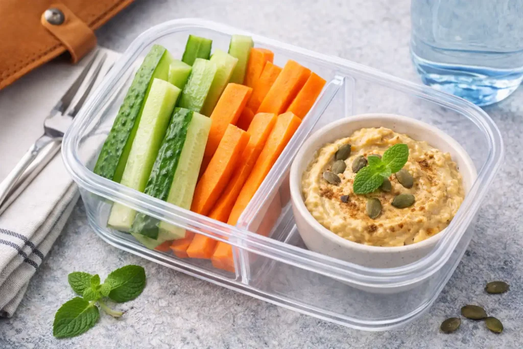 Mrkva a uhorka s hummusom v meal prep boxe ako zdravý snack do 150 kcal