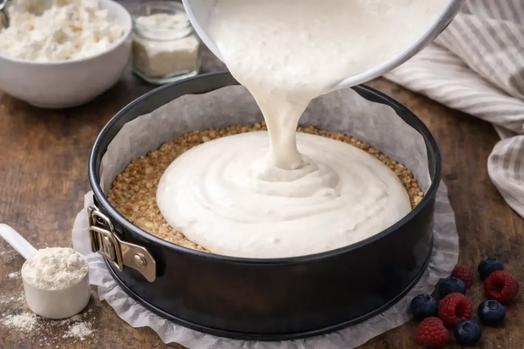 Hladká plnka z tvarohu a skyru nalievaná do formy na fitness cheesecake