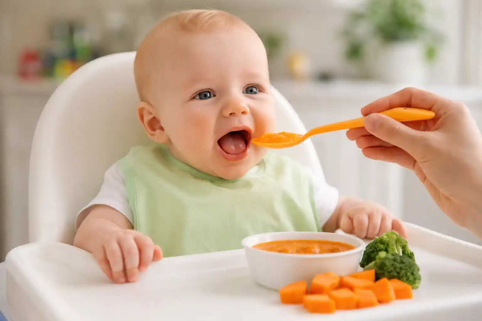 Bábätko pri prvých príkrmoch v detskej stoličke počas kŕmenia zeleninovým pyré, recepty pre deti a bábätká, prvé príkrmy, Recepty pre deti a bábätká – zdravé príkrmy a jedlá pre malé deti