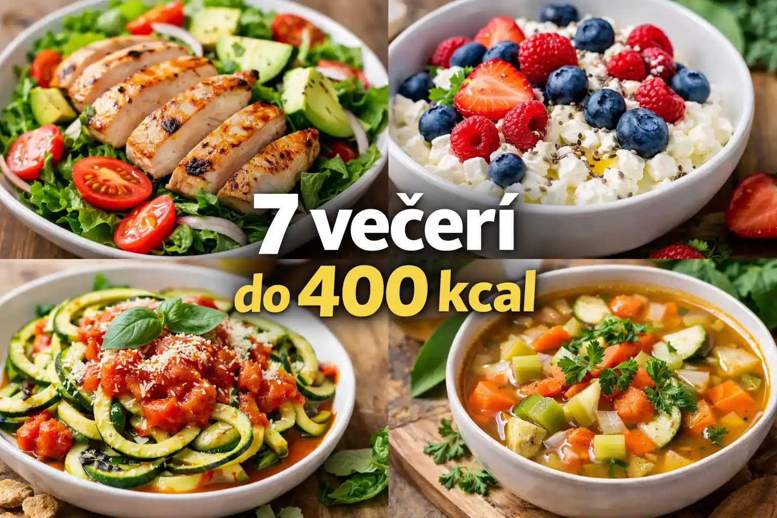 7 zdravých večerí do 400 kcal – kurací šalát, tvaroh s ovocím, cuketové cestoviny a zeleninová polievka, večera do 400 kcal